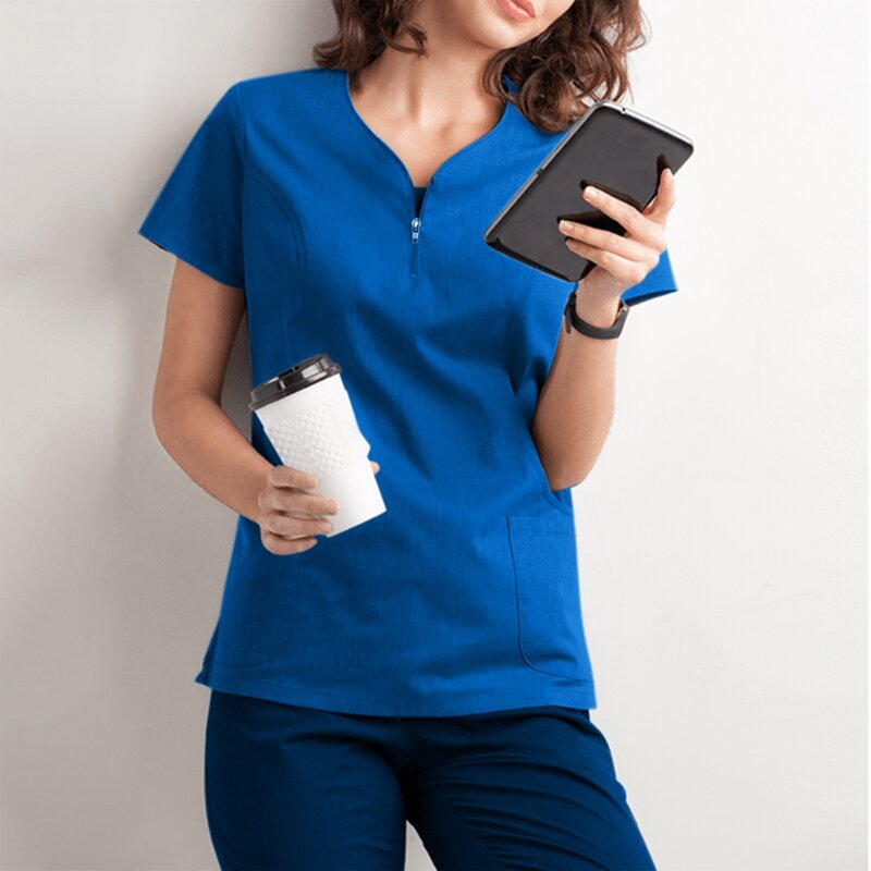 Donne Caregivers uniforme da lavoro manica corta con scollo a v traspirante elastico Scrub Top con tasca Grooming Spa Salon uniformi camicie