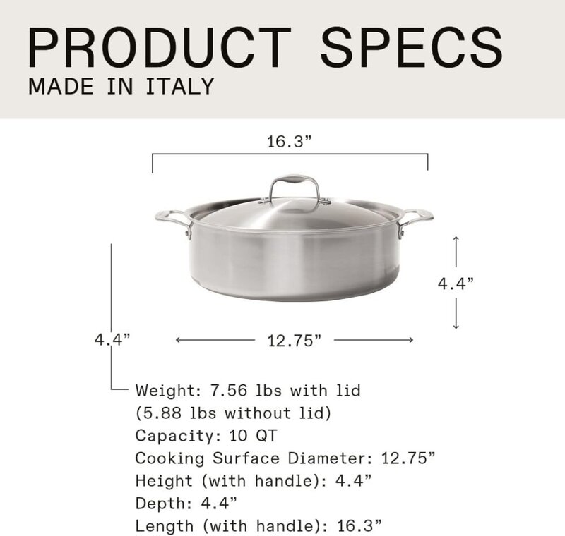 Hecho en utensilios de cocina, olla Rondeau de acero inoxidable con tapa, hecha en Italia, 10 cuartos