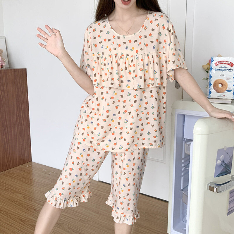 Летняя Милая пижама в Корейском стиле с цветочным принтом, женская модная одежда для отдыха с коротким рукавом, женские милые пижамы с воланами и шортами
