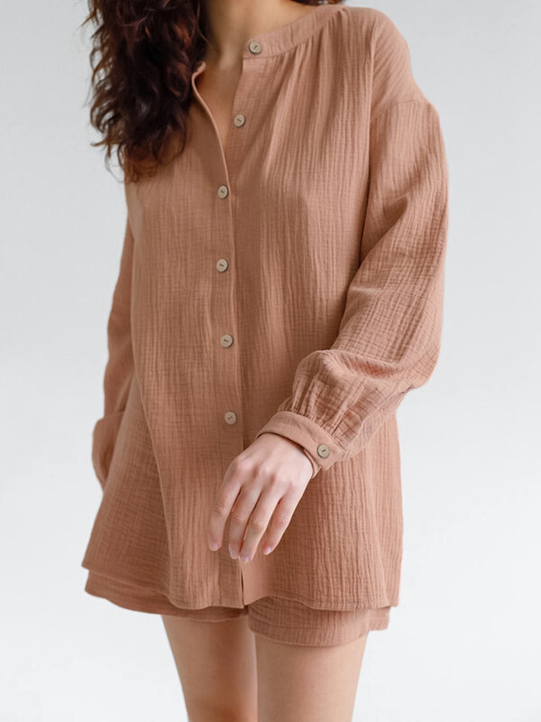 Marthaqiqi-Conjunto de ropa de dormir de algodón para mujer, camisones de manga larga con cuello redondo, pantalones cortos holgados, trajes de 2 piezas para otoño