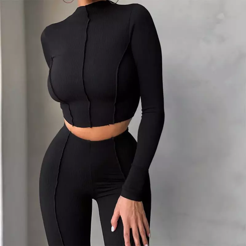 Black 2024 Spring Women's New Fashion Set with Reverse Wear Design, High Waist Slim Fit, Solid Color Two Piece Set YBF28-3