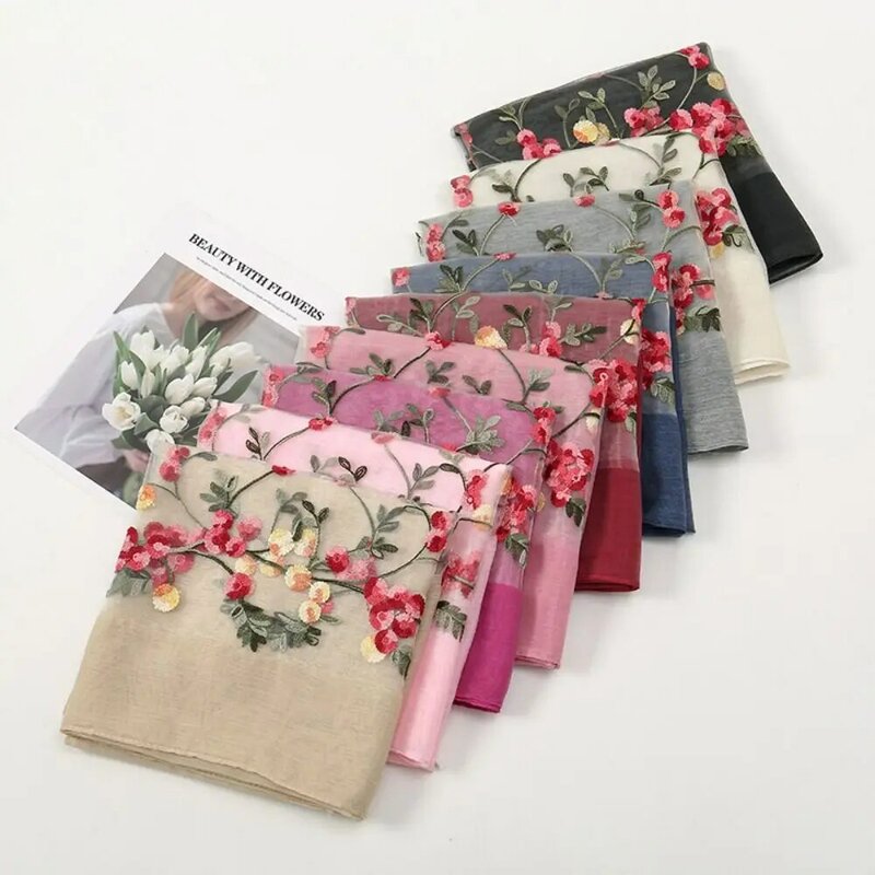 여성용 자수 꽃 스카프, 우아한 경량 얇은 원사 용수철 숄, 다채로운 긴 자외선 차단 스카프