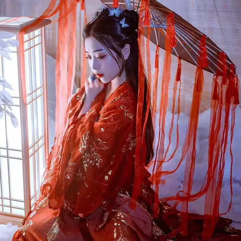 Costume Hanfu Traditionnel de la ociastie Tang pour Femme, Vêtements Chinois de Prairie, Costumes de brevFolklorique, Robe Rouge Dégradée, Grande Taille