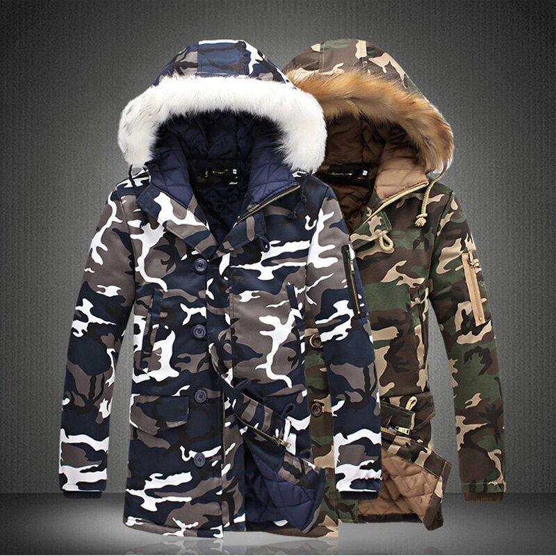 メンズファーカラーロングカモフラージュジャケット、厚手の暖かい綿パーカー、アーミーグリーンフード付きコート、ぬいぐるみ服、ブランドファッション、冬