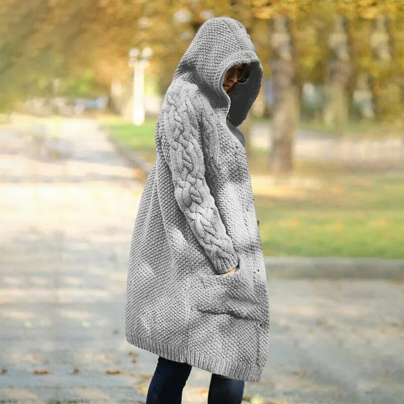 Übergroße Frauen Winter gestrickte Kapuze Strickjacke Pullover Damen lose warm verdicken einreihige Strickwaren Mantel weibliche Oberbekleidung