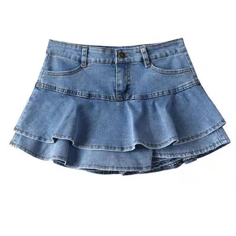 HOUZHOU Vintage Denim Mini Skirts Women Summer Sexy Solid Ruffle Patchwork Jeans Skirt Female Y2K Casual Slim A-line Skorts