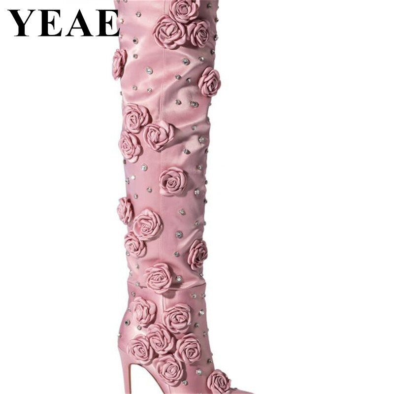 Botas por encima de la rodilla con diamantes de imitación para mujer, zapatos de tacón alto, Stiletto de punta estrecha, diseño de flores, color rosa