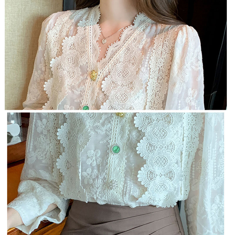 Elegante oco manga comprida blusa branca 2022 outono com decote em v francês vintage rendas costura camisa feminina botões blusas 23024