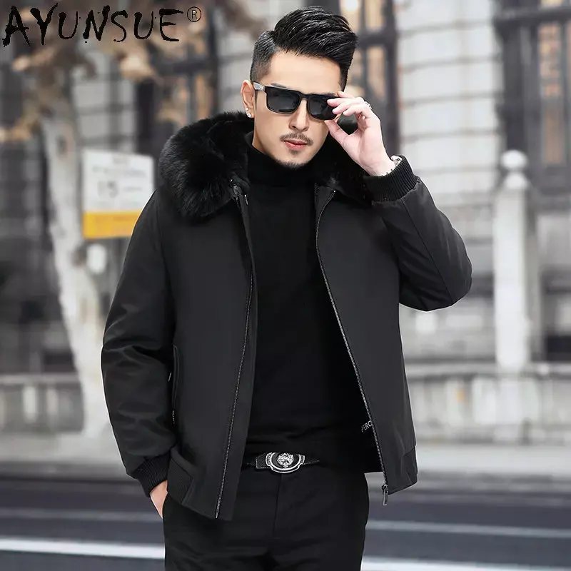 AYUNSUE-따뜻한 모피 파카 밍크 모피 라이너 코트 남성용, 후드 모피 파카 여우 모피 칼라 남성 겨울 자켓