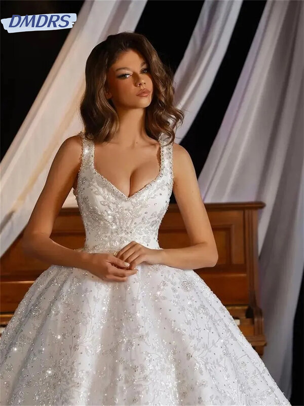 Urocza suknia ślubna z paskiem Spaghetti 2024 elegancka suknia wyszywana koralikami na bal klasyczna bez rękawów do podłogi suknia ślubna Vestidos De Nov