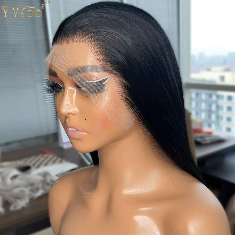 YYsoo Long Black Futura Synthetic Hair 13x4 Glueless Lace Front Wigs For Black Women Pre Plucked Straight Half Hand Tied Wig