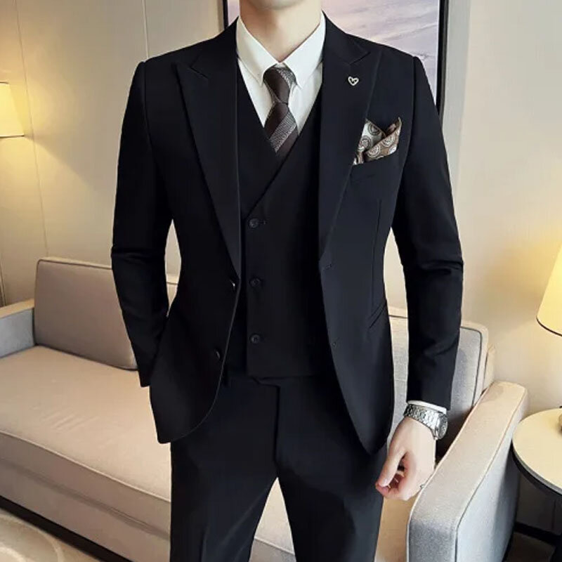 Traje Formal de negocios para hombre, traje ajustado de Color sólido, chaleco de doble botonadura, blazer, abrigo, pantalones, novedad de 2024