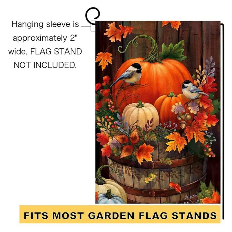Bandera de jardín pequeña de calabaza de Acción de Gracias de otoño, 12x18 pulgadas, doble cara, Pájaro de acuarela para decoración al aire libre de temporada