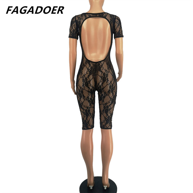 FAGADOER Romper Bodycon berongga perspektif renda seksi wanita lengan pendek leher bulat jumpsuit klub malam ramping 2024