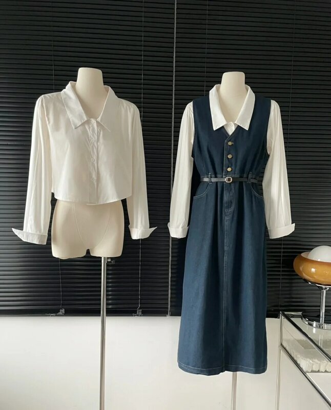 Women's Spring Autumn Dress Suit Long Sleeve Single Breasted White Shirt + Sleeveless V Neck Single Breasted Long Dress