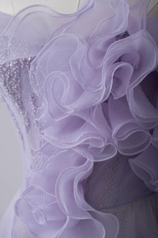 Gaun malam bergaris A gaun pesta panjang Ruffle Tulle berlipat bertingkat bunga 3D tanpa lengan tanpa tali gaya Vestidos ungu