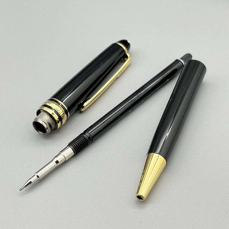 Klasyczny MB ołówek automatyczny 163 czarny żywiczny srebrny/złote wykończenia materiały biurowe z dodatkowym wkładem