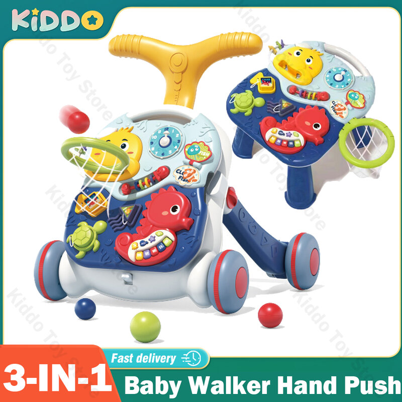 Ajustável Anti-Rollover Baby Walker, Toddler Hand Push, Correção Perna, Multifuncional, Basquete, Brinquedos de Aprendizagem Musical, Assento de carro