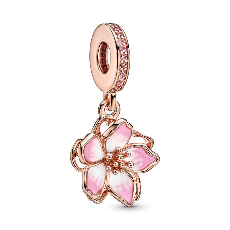 Gelang Pandora bunga sakura putar jimat menjuntai asli DIY pembuatan perhiasan bunga wanita musim semi 2024 baru
