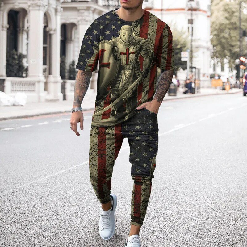 Men's Tracksuit Casual Outfit 2 Piece Long Sleeve T-Shirt Trousers Set America Flag Oversized Streetwear Suit Daily Clothing