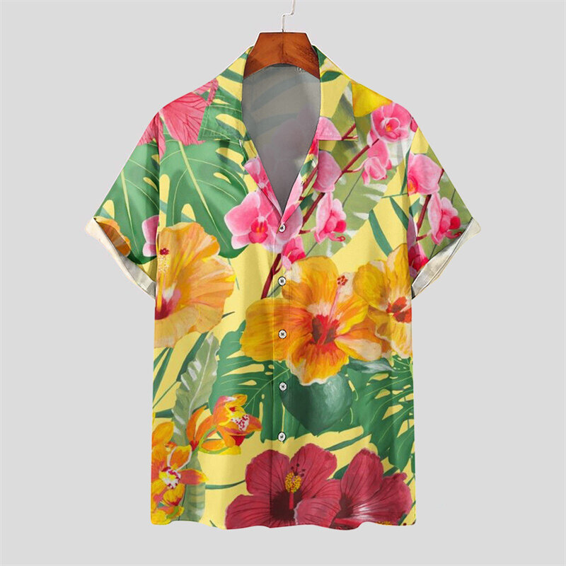 Summer Flower 3D Print Camisa Men's Summer Hawaii Beach Shirts Holiday Party Men's Oversized Short Sleeve Street Social Clothes
