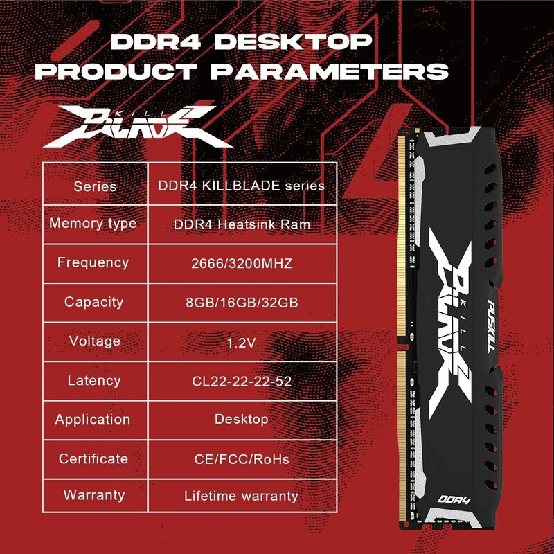 Memória do computador PUSKILL Desktop, UDIMM Cooling Vest, RAM DDR4, 16GB, 8GB, 1.2V, 3200MHz, 2666MHz