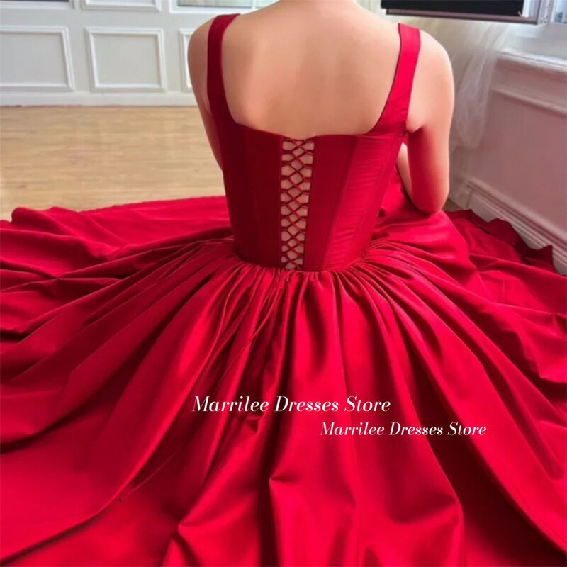Marrilee Red Spaghetti Straps High Side Slit Stain Evening Dress Square Neck Backless Lace Up Sleeveless Floor Length Prom Gowns