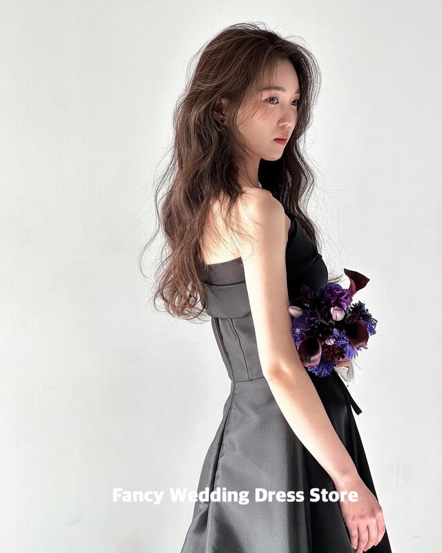 Fancy Simple Black Off Shoulder Wedding Party Dress Korea Photo Shoot Short Sleeve One Shoulder Bridal Gown Custom Made