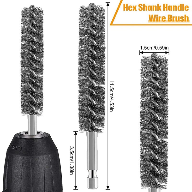 15X Stainless Steel Bore Brush Wire Brush For Power Drill Cleaning Wire Brush Stainless Steel Brush With Hex Shank