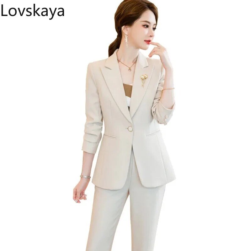 Conjunto de blazer e calças de manga comprida feminino, calça formal, roupa de escritório, negócios, feminino, outono, inverno, 2 peças