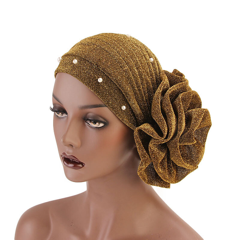 Elegant Pearls Shiny Turban Cap Big Flower Head Wrap Bonnet Women Bead Glitter Muslim Turban Head Scarf Ladies Hair Accessories