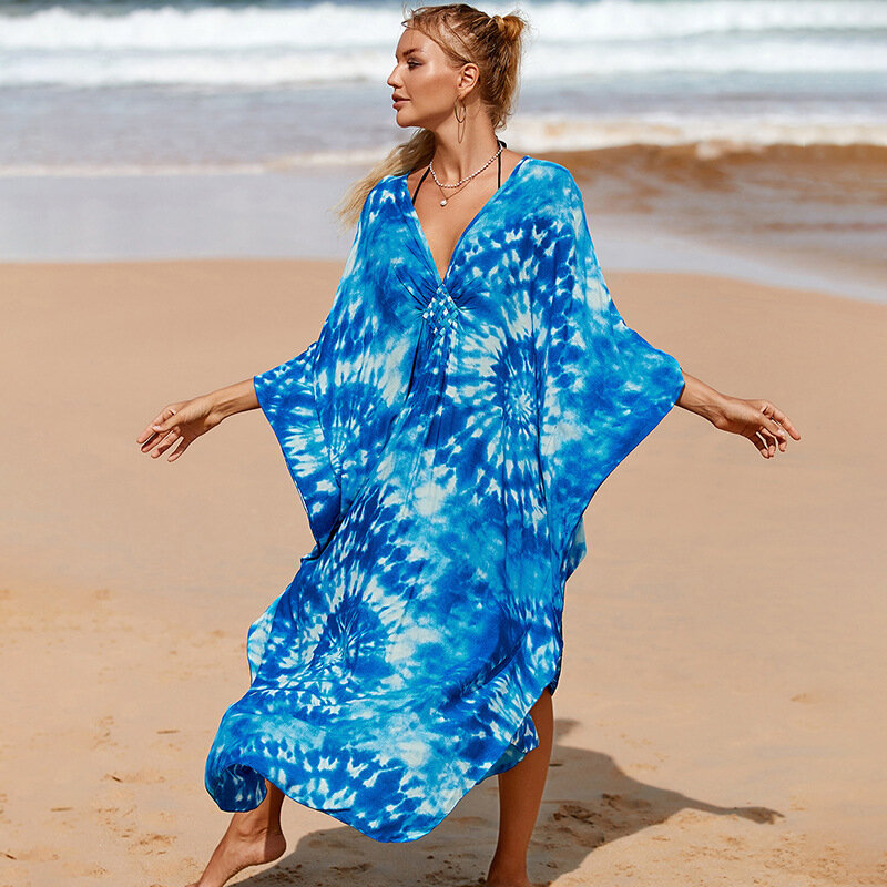 女性のためのヨーロッパのアメリカのプリントブラウス,海辺の休暇のドレス,ゆったりとしたビキニの水着,青い服,新しい夏のコレクション2024