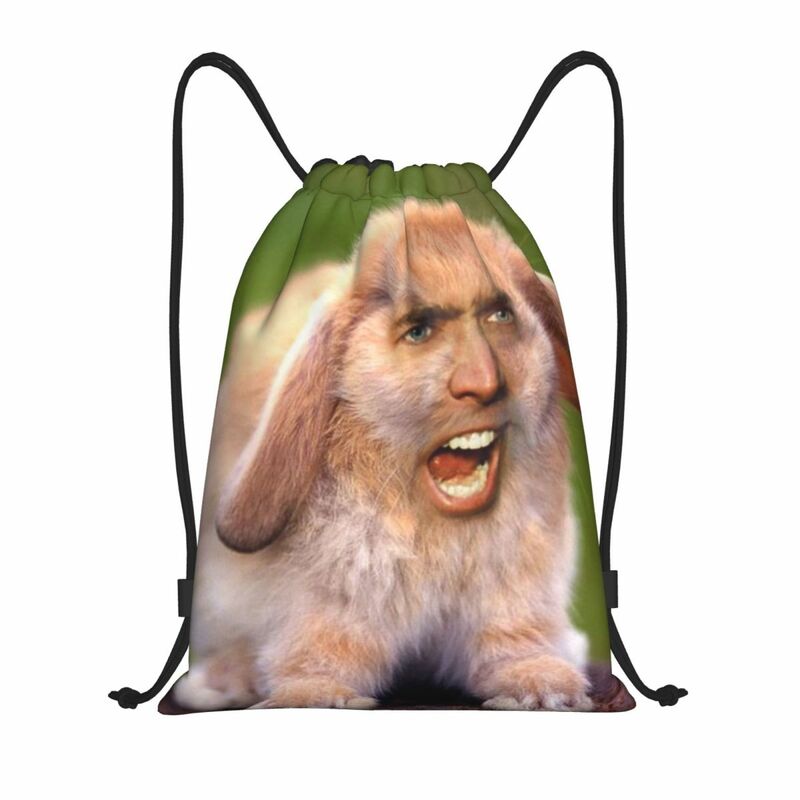 Benutzer definierte Nicolas Käfig Kaninchen Kordel zug Rucksack Taschen Männer Frauen leichte lustige Meme Gym Sport Sackpack Säcke zum Einkaufen