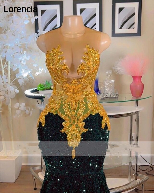 Gaun Prom putri duyung payet hijau zamrud untuk anak perempuan hitam 2024 gaun pesta Formal bermanik kristal emas Robe De Soiree YPD49