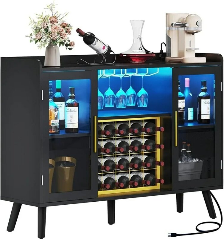 Wine Bar Cabinet com Luzes LED e Tomadas de Energia, 53 "Coffee Bar Cabinet para Licor e Copos, Moderno Buffet Aparador