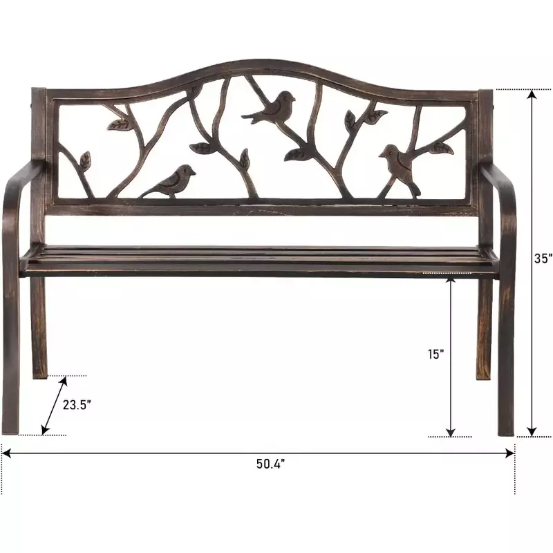 Скамейка для парка с металлической рамой, 50 дюймов, со спинкой с узором птиц для крыльца, лужайки, палубы, бронзовые скамейки для внутреннего дворика