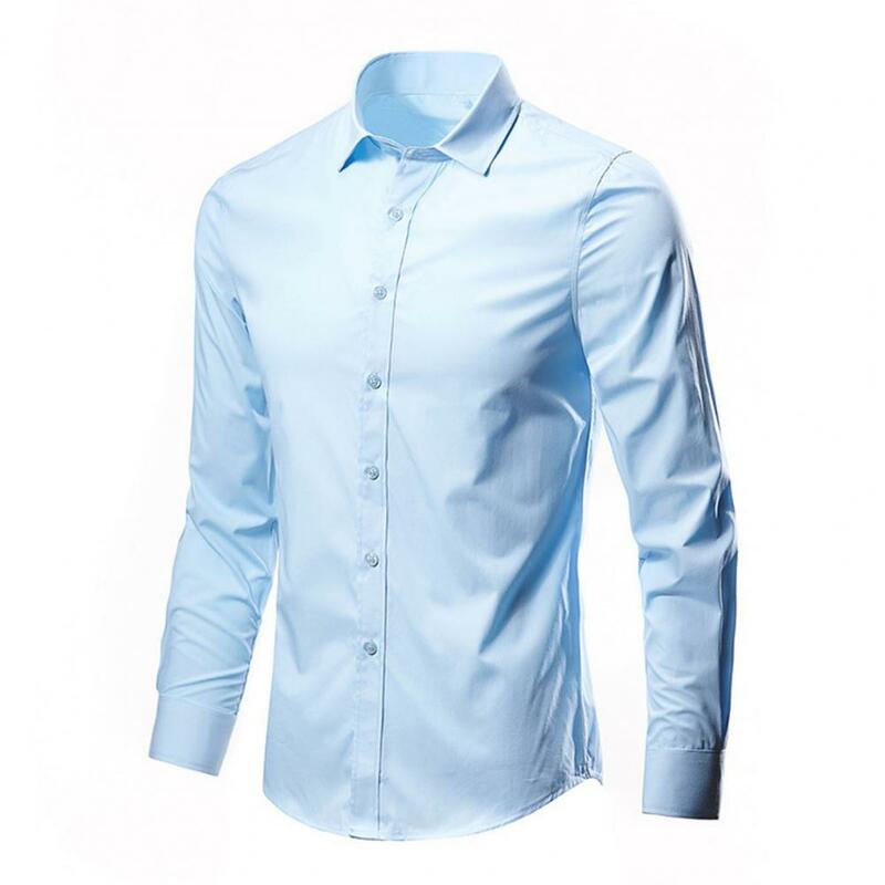 Men Shirt Long Sleeve Solid Color Button Single-breasted Cardigan Dress-up Casual Lapel Men Spring Shirt Stretch Business Formal