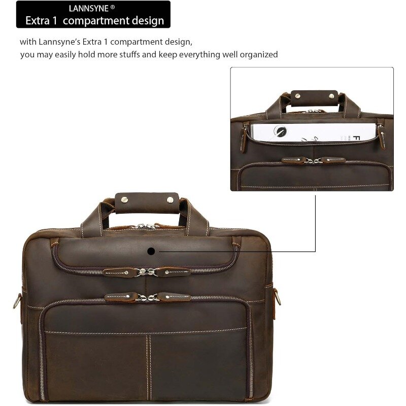 حقائب جلدية للكمبيوتر المحمول للرجال ، 17 بوصة حقيبة بنية ، مجموعة إضافية 1