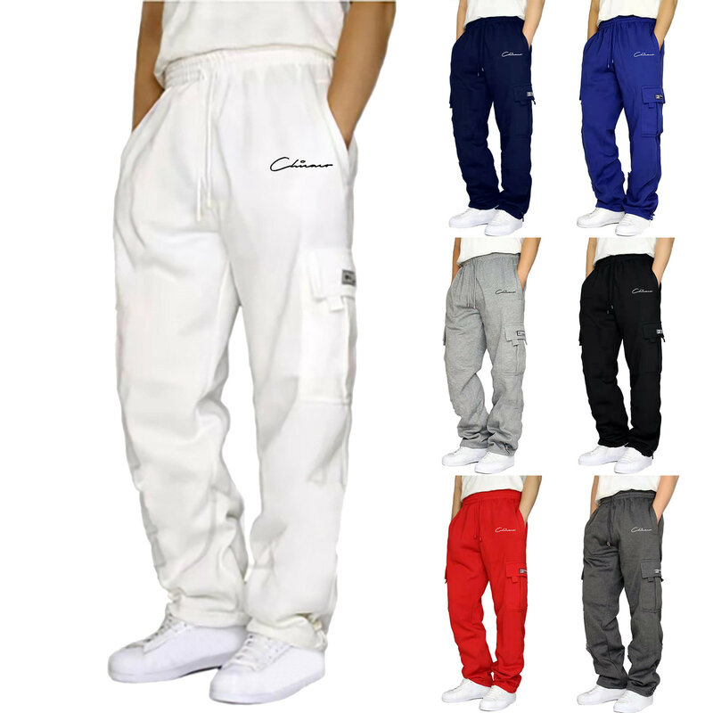 Calça masculina de algodão de cordão multi-bolsos, calça masculina solta, moletom reta de algodão, tamanho grande, casual, nova para outono, 2024
