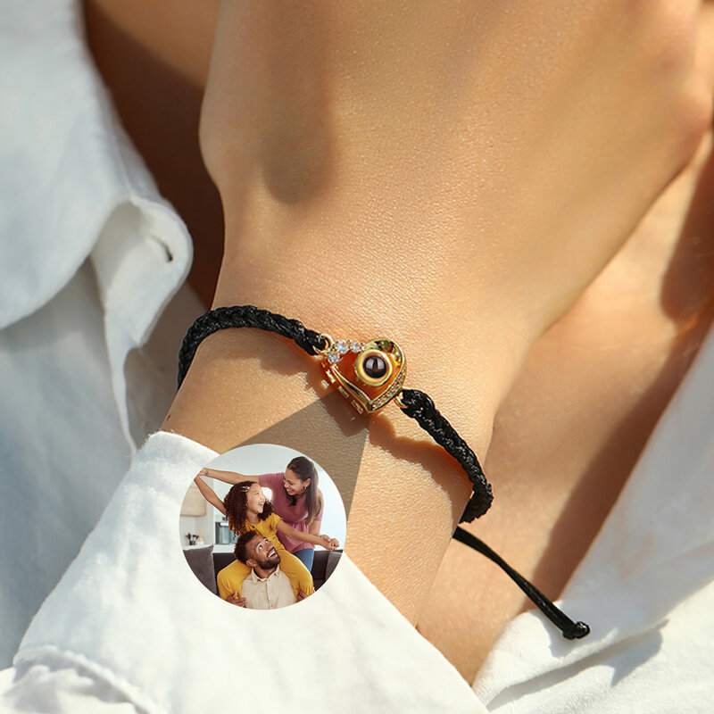 Spersonalizowana niestandardowa projekcja zdjęć pleciona lina bransoletka dla kobiet mężczyzn serce z diamentową bransoletką prezent na rocznicę biżuteria