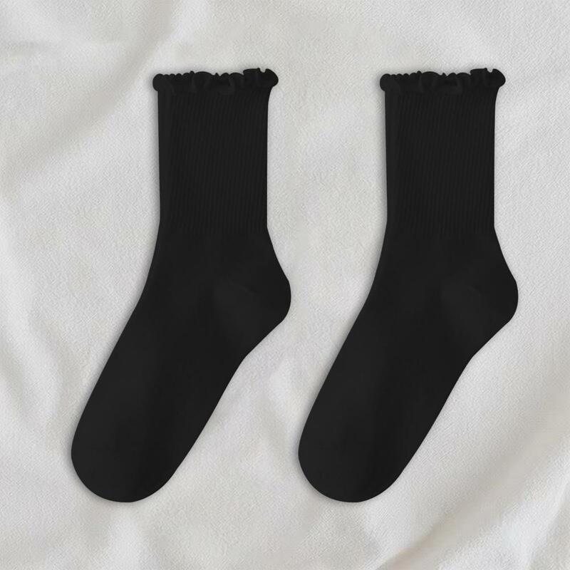 Ladies Socks Lady Anti-slip Socks Stylish Ruffle Middle Tube Ankle High Socks Striped Texture High Elasticity Anti-slip Soft