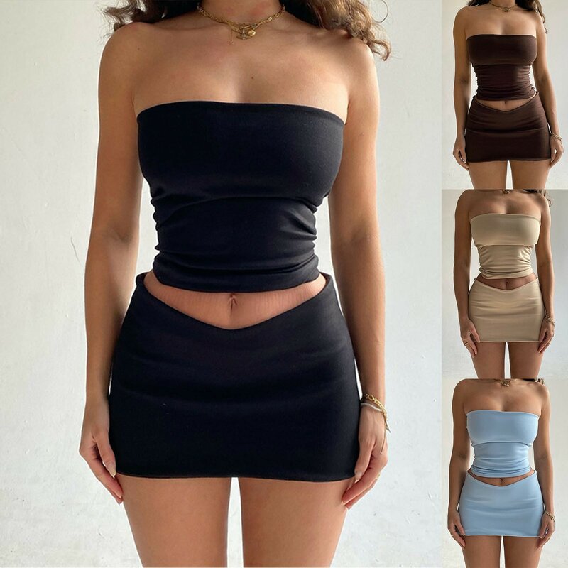 Sexy Fashionable Summer Skirt Sets 2024 New Women Clothes Sexy Strapless Crop Tops Elegant Slim Fit Dress 2 Piece Set Outfit