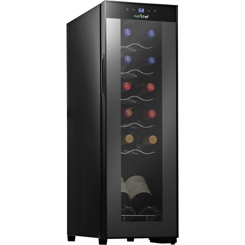 Raffreddatore bianco e rosso-Mini frigorifero per vino compatto da appoggio autoportante capacità 12 bottiglie, controllo digitale, porta in vetro