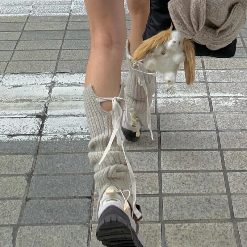 Cuteandpsycho-Calentadores de piernas con cordones para mujer, ropa de calle, calentadores de piernas delgados, estética informal, calcetines sueltos JK de invierno