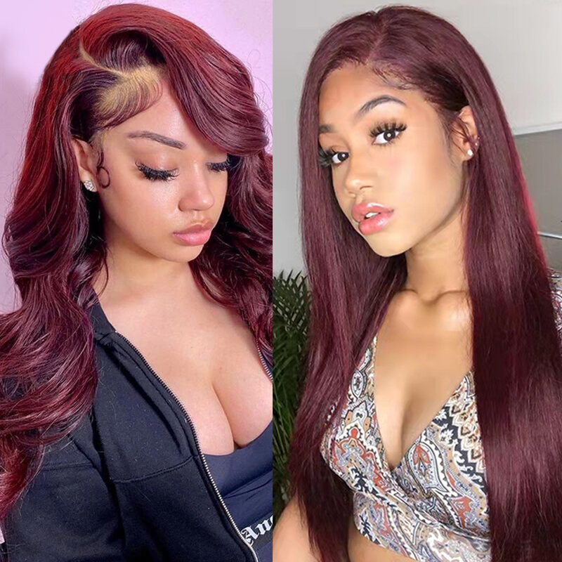 99J Body Wave 13x4 Lace Front 100% Human Hair 130% Density Remy Hair Dark Burgundy Lace Frontal With Baby Hair Transparent Lace