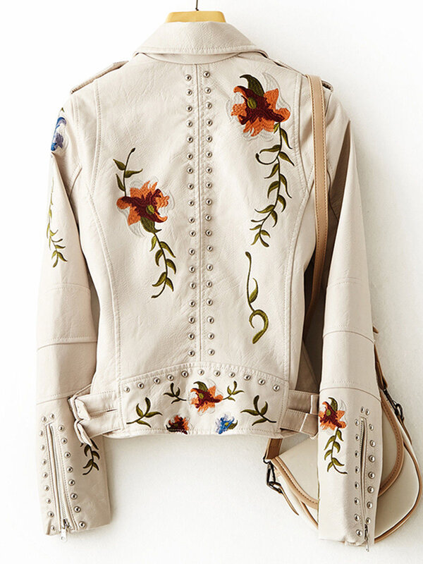Куртка женская из экокожи с цветочным принтом, отложным воротником и вышивкой