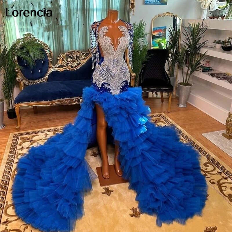 Lorencia Royal Blue Sequins Prom Dress For Black Girls Beaded Crystal Tassel Birthday Party Gown High Slit Robe De Soiree YPD50