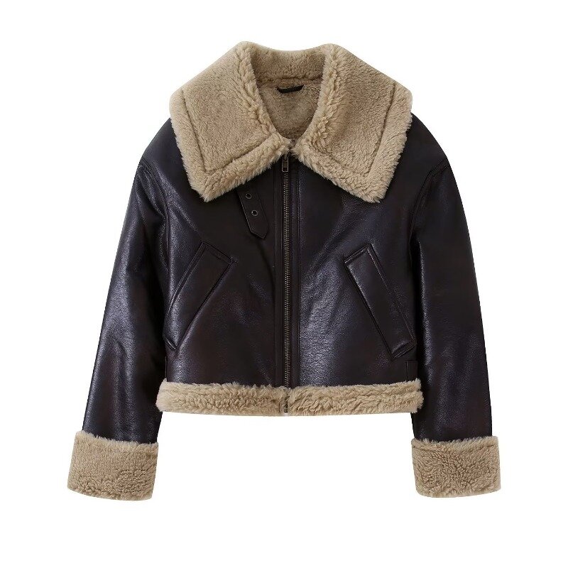 ZXRYXGS jaket kulit Pu lembut wanita, mantel bulu imitasi, kerah Lapel tebal, jaket hangat mode baru 2024