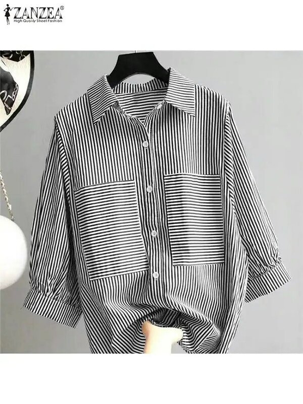 ZANZEA-camisa a rayas de manga 3/4 para mujer, blusa de trabajo elegante con cuello de solapa y botones, Tops informales de gran tamaño para vacaciones de verano