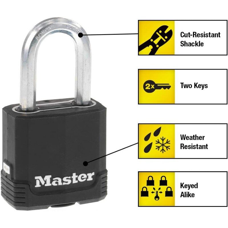 Outdoor Key Lock, Heavy Duty Weatherproof Padlock with Cover, Keyed Alike Padlocks for Outdoor Use, 4 Pack, M115XQLF & Cable